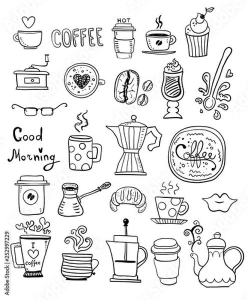 Obraz Doodle set of coffee drawings, handmade sketches.