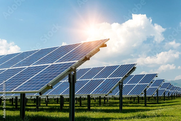 Fototapeta Solar panel, photovoltaic, alternative electricity source - concept of sustainable resources