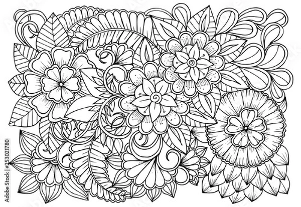 Obraz Kolorowanki czarno-białe wektor dla kolorowanka. Liście i kwiaty w monochromatycznych kolorach. Wzór Doodles