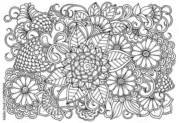 Obraz Vector black and white colorin page for colouring book. Leafs and flowers  in monocrome colors. Doodles pattern