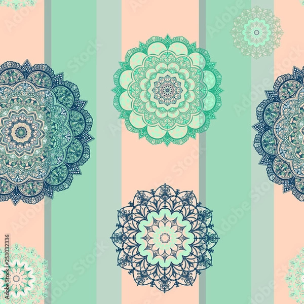 Obraz Seamless pattern - mandalas on a geometric background. Shades of blue and blue: turquoise, cyan, petrol with gray and beige - for the nursery, living room and hall.