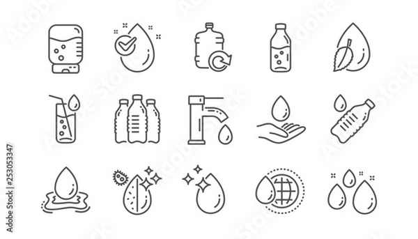 Obraz Ikony linii kropli wody. Butelka, filtr antybakteryjny i woda z kranu. Zestaw ikon liniowych czystej wody. Wektor