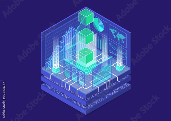Obraz Blockchain concept with symbol of floating blocks as isometric 3d vector illustration