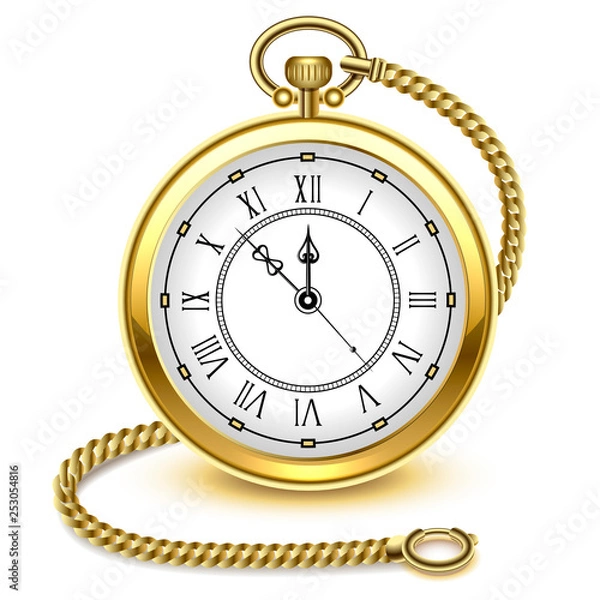 Fototapeta Vintage gold pocket watch and chain, isolated on white background, vector illustration.