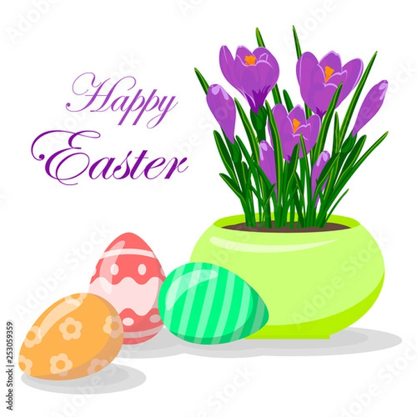 Obraz Pisanki i fioletowe krokusy w żółtej doniczce. Dorastanie kwiatów szafranu. Ilustracji wektorowych