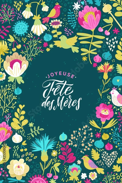 Fototapeta Happy Mothers Day Calligraphy Design on Floral Background. Vector illustration. Womans Day Greeting Calligraphy Design in Dark Colors. Template for a poster, cards, banner Vector illustration