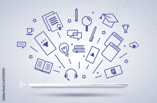 Fototapeta Online education banner with tablet or smartphone and outline learn icons on gray background. Training courses, distance learning