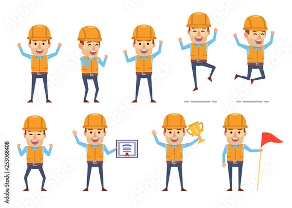 Fototapeta Set of construction worker characters showing diverse success poses. Funny workman holding winners cup, certificate, jumping and showing other actions. Flat design vector illustration