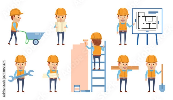 Fototapeta Set of construction worker characters posing in various situations. Funny worker holding shovel, wrench, pointing to apartment plan and showing other actions. Flat design vector illustration
