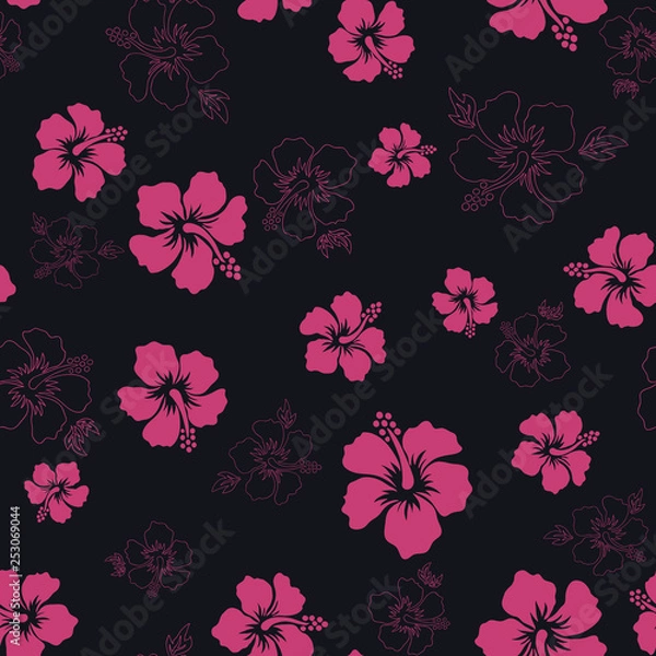 Fototapeta Tropical background with hibiscus flowers. Seamless hawaiian pattern. Exotic vector illustration