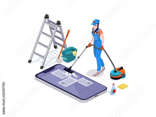 Fototapeta Woman dressed in uniform delete files off from mobiles. cleaning and vacuums, the phone. Professional cleaning service with equipment and staff.Vector isometric isolate