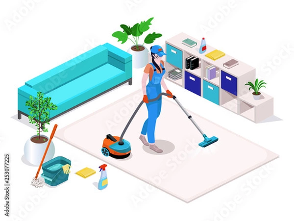 Fototapeta Woman dressed in uniform cleans and vacuums, washes the floor in the home and cleans. Professional cleaning service with equipment and staff.Vector isometric isolate