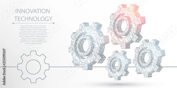 Fototapeta Gear polygonal mechanism abstract background. The isolated concept of innovative technology, industrial technologies, business consists of low poly wireframe, geometry, lines, dots, polygons, shapes