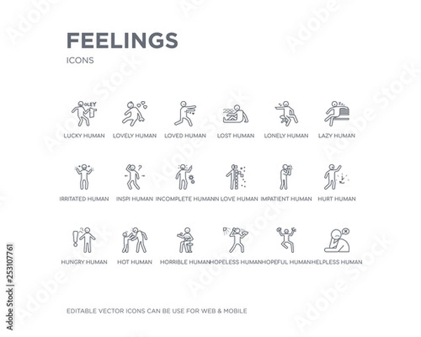 Fototapeta simple set of feelings vector line icons. contains such icons as helpless human, hopeful human, hopeless human, horrible hot hungry hurt impatient in love and more. editable pixel perfect.