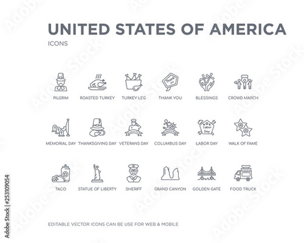 Obraz simple set of united states of america vector line icons. contains such icons as food truck, golden gate, grand canyon, sheriff, statue of liberty, taco, walk fame, labor day, columbus day and more.