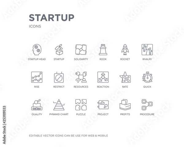 Fototapeta simple set of startup vector line icons. contains such icons as procedure, profits, project, puzzle, pyramid chart, quality, quick, rate, reaction and more. editable pixel perfect.