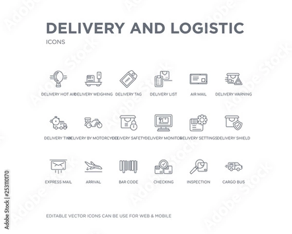 Fototapeta simple set of delivery and logistic vector line icons. contains such icons as cargo bus, inspection, checking, bar code, arrival, express mail, delivery shield, delivery settings, monitor and more.
