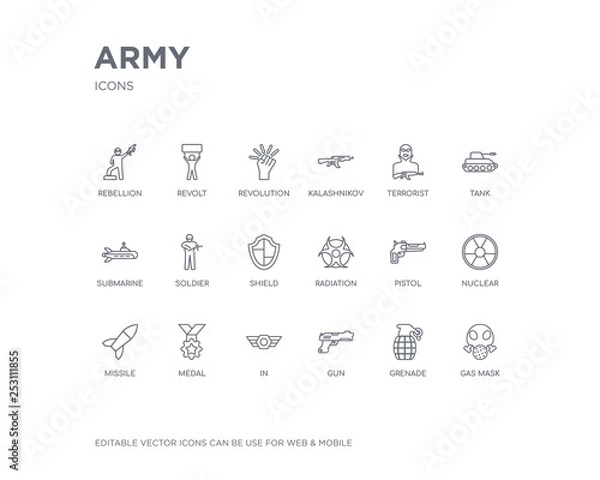 Obraz simple set of army vector line icons. contains such icons as gas mask, grenade, gun, in, medal, missile, nuclear, pistol, radiation and more. editable pixel perfect.