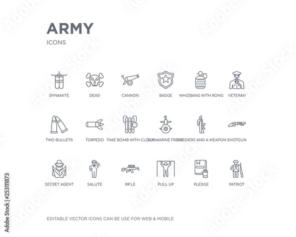 Fototapeta simple set of army vector line icons. contains such icons as patriot, pledge, pull up, rifle, salute, secret agent, shotgun, soldiers and a weapon, submarine front view and more. editable pixel