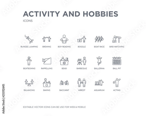 Fototapeta simple set of activity and hobbies vector line icons. contains such icons as acting, aquarium, arrest, baccarat, baking, balancing, ball pit, ballerina, barbeque and more. editable pixel perfect.