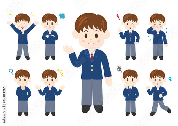Fototapeta 男子学生のポーズと表情のイラスト: 全身セット