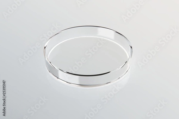 Fototapeta Transparent glass Petri dish on white gloss background. 3D rendering