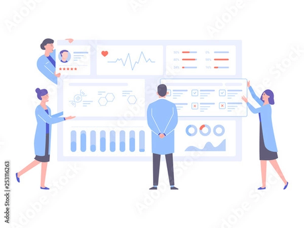 Fototapeta The physician doctor and the nurses analyze the patient's medical data. Big dashboard with information. Diagnosis of diseases, the study of tests and treatment. Pure light vector illustration.