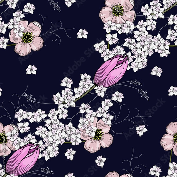 Fototapeta Blooming realistic isolated flowers of chamomile and tulips. Hand drawn vector illustration. Trendy seamless floral pattern. Vintage background.