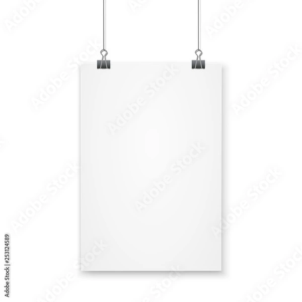 Fototapeta Blank A4 page hanged with paper clips on white background. Vector illustration
