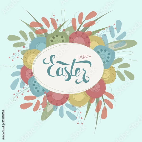 Fototapeta Easter greeting card with spring flowers and hand written text Easter. Vector Eps10