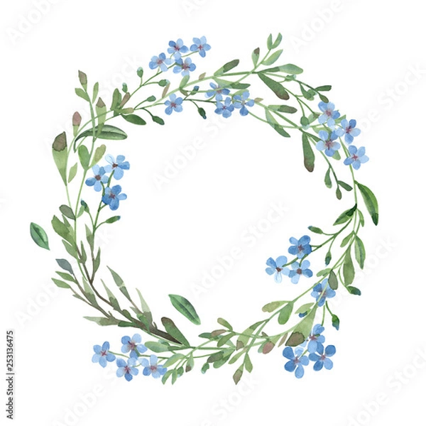 Fototapeta watercolor blue wreath of forget-me-not  with green leaves on white background