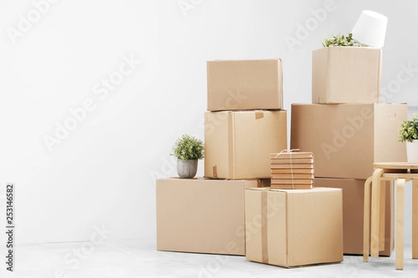 Fototapeta Moving to a new home. Belongings in cardboard boxes, books and green plants in pots stand on the gray floor against the background of a white wall.