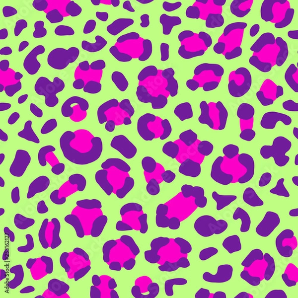 Fototapeta Vector abstract seamless bright animalistic leopard pattern with vivid pink and violet colored stains elements on the green background