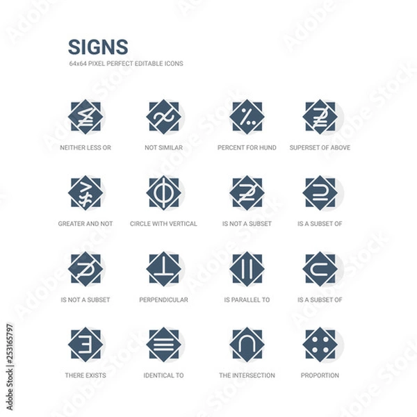 Obraz simple set of icons such as proportion, the intersection of, identical to, there exists, is a subset of, is parallel to, perpendicular, is not a subset, a subset not related signs icons collection.
