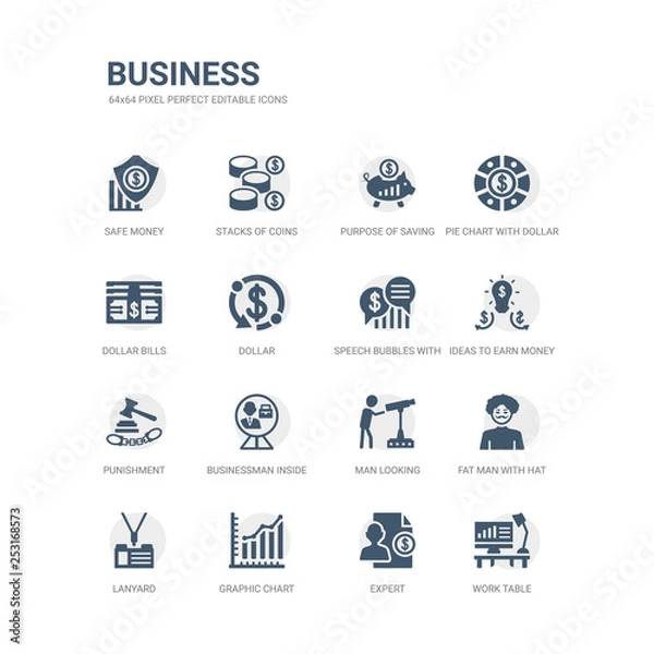 Fototapeta simple set of icons such as work table, expert, graphic chart, lanyard, fat man with hat and moustache, man looking, businessman inside a ball, punishment, ideas to earn money, speech bubbles with
