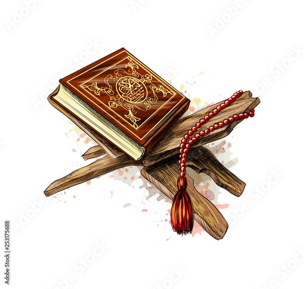 Obraz Holy book of Koran with rosary from splash of watercolors. Muslim holiday, Eid Mubarak, Eid al-fitr, Ramadan Kareem. Hand drawn sketch