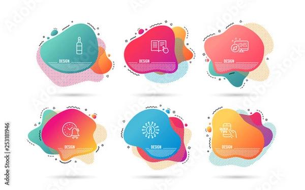 Fototapeta Dynamic liquid shapes. Set of Alarm bell, Brandy bottle and Education icons. Read instruction sign. Time, Whiskey, Quick tips. Opened book.  Gradient banners. Fluid abstract shapes. Vector