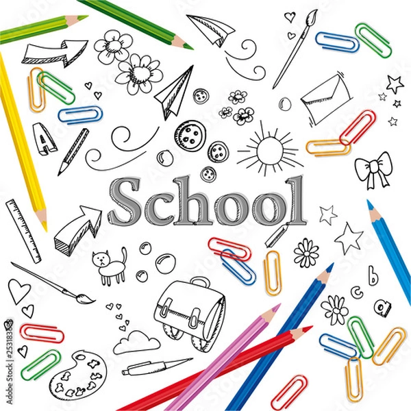 Fototapeta school prints with pencils on white