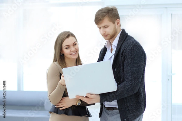Obraz business colleagues use a laptop standing in the office