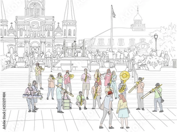 Obraz Hand drawn illustration. A big brass band performs jazz music to a crowd in Jackson Square in the French Quarter, with the St. Louis Cathedral in the distance.