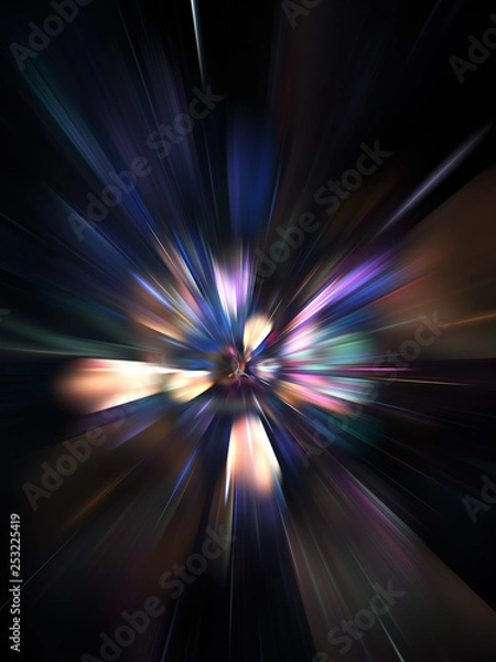 Fototapeta Abstract holiday background with blurred rays and sparkles. Fantastic blue and golden light effect. Digital fractal art. 3d rendering.