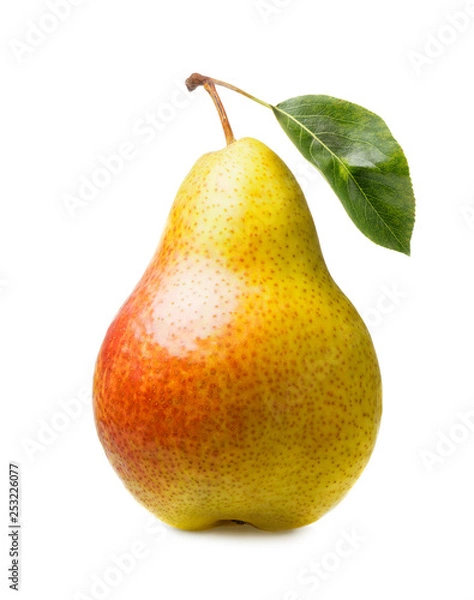 Fototapeta ripe pear with leaf isolated on white background