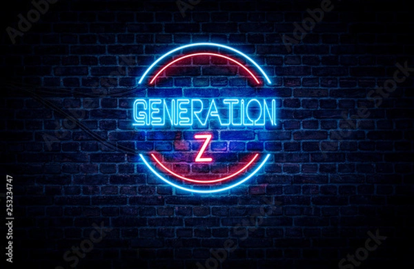 Fototapeta A blue and red neon sign on a brick wall that reads: GENERATION Z .