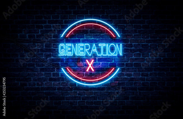 Fototapeta A blue and red neon sign on a brick wall that reads: GENERATION X .