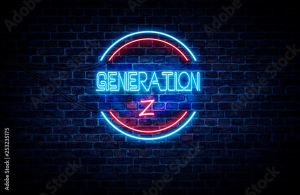 Fototapeta A blue and red neon sign on a brick wall that reads: GENERATION Z .