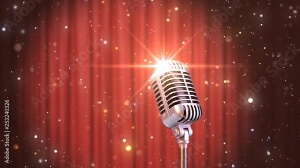 Fototapeta Stand Up Background Retro Microphone with the Red Curtains, 3d Render