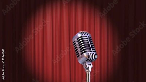 Fototapeta Red Curtain with Spotlight and Vintage Microphone, 3d Render