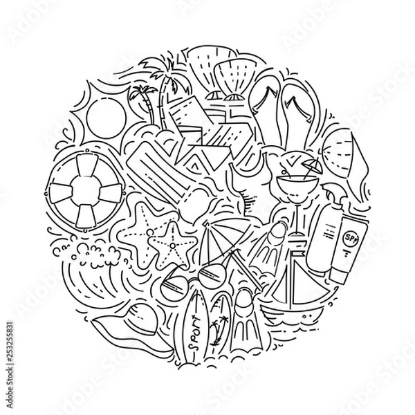 Fototapeta Design elements of Vacation at sea. Outline icon with elements for mobile concepts and web apps. Line and flat style icon. Vector sign.