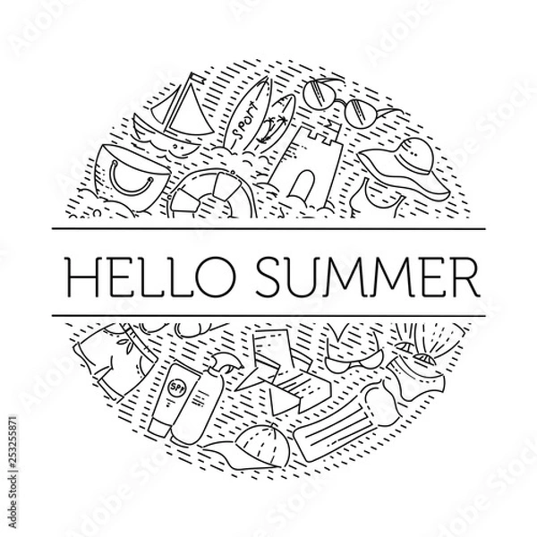 Fototapeta Design elements of Vacation at sea. Outline icon with elements for mobile concepts and web apps. Line and flat style icon. Vector sign.