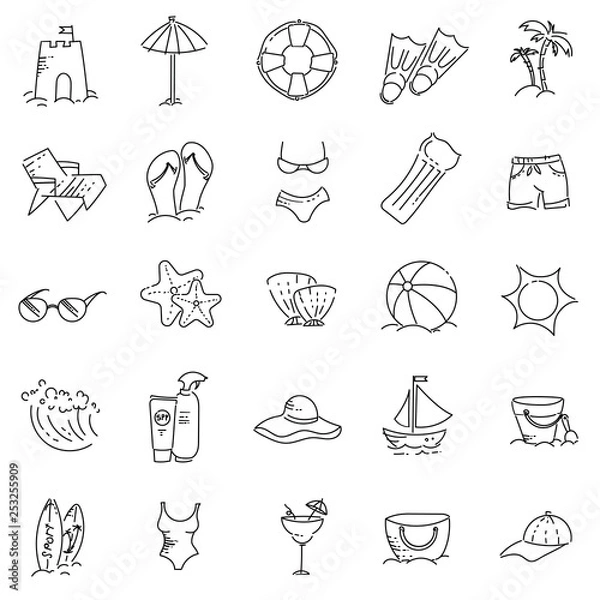 Fototapeta Design elements of Vacation at sea. Outline icon with elements for mobile concepts and web apps. Line and flat style icon. Vector sign.